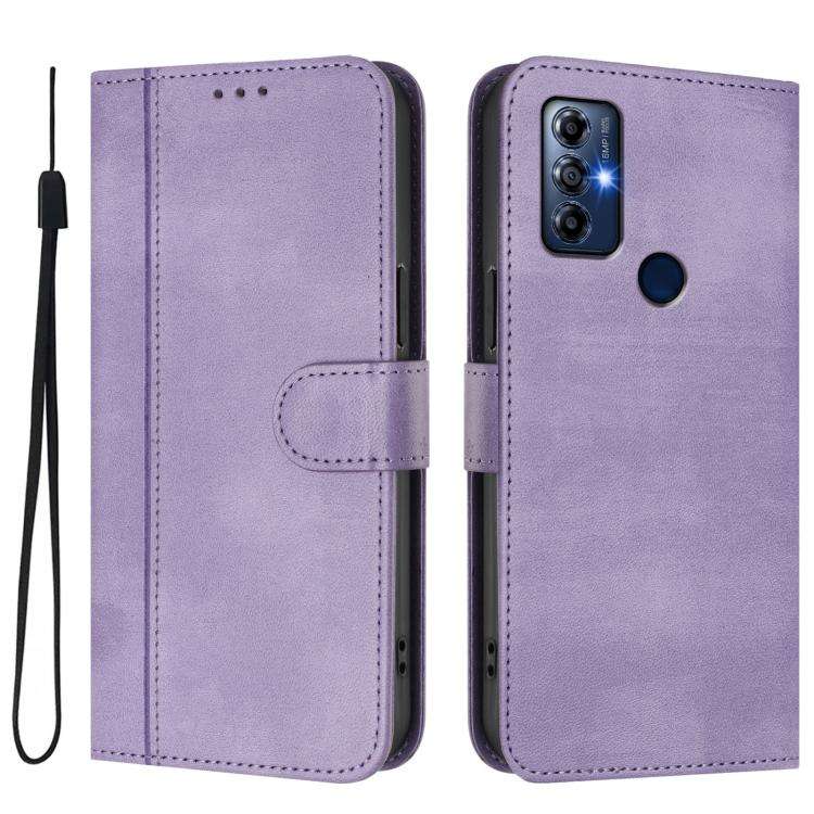 For Motorola Moto G Play 2022 Line Splicing Buckle Retro Leather Phone Case(Purple)
