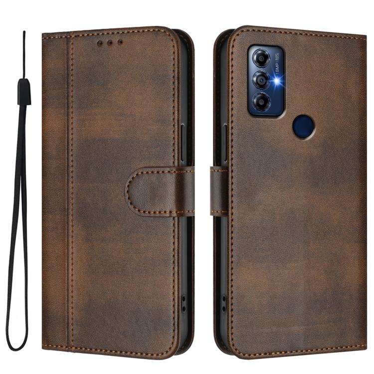 For Motorola Moto G Play 2022 Line Splicing Buckle Retro Leather Phone Case(Brown)