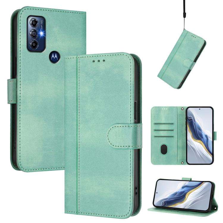 For Motorola Moto G Play 2023 / G Pure 2021 Line Splicing Buckle Retro Leather Phone Case(Mint)