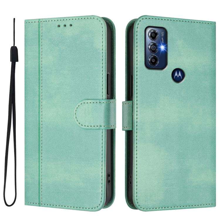 For Motorola Moto G Play 2023 / G Pure 2021 Line Splicing Buckle Retro Leather Phone Case(Mint)
