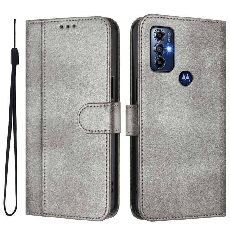 For Motorola Moto G Play 2023 / G Pure 2021 Line Splicing Buckle Retro Leather Phone Case(Grey)