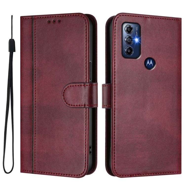 For Motorola Moto G Play 2023 / G Pure 2021 Line Splicing Buckle Retro Leather Phone Case(Wine Red)