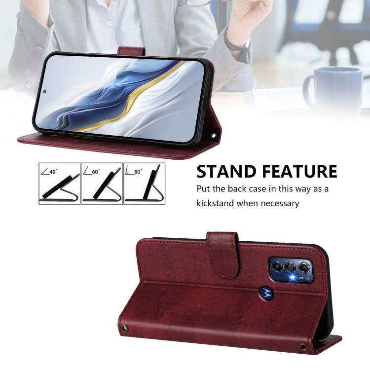 For Motorola Moto G Play 2023 / G Pure 2021 Line Splicing Buckle Retro Leather Phone Case(Wine Red)