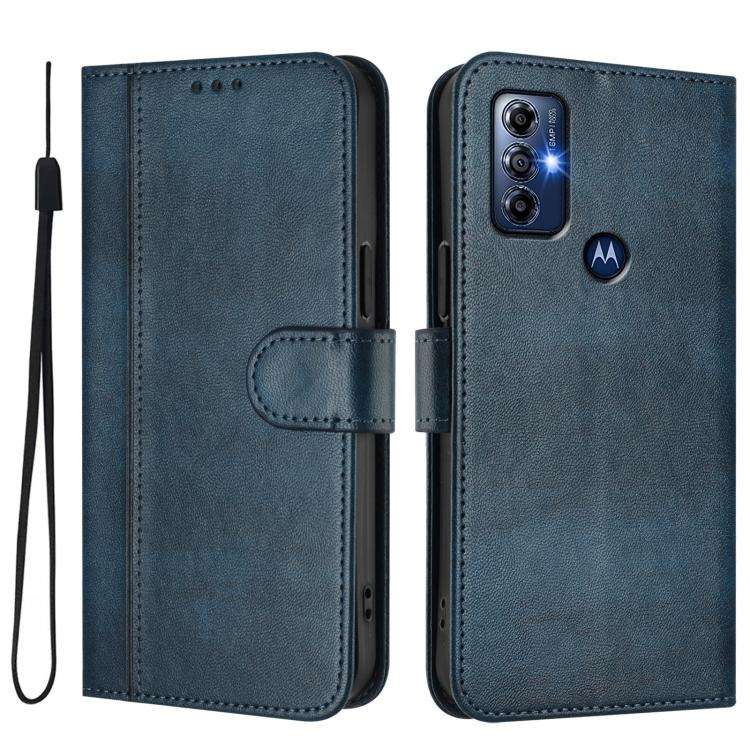 For Motorola Moto G Play 2023 / G Pure 2021 Line Splicing Buckle Retro Leather Phone Case(Dark Blue)