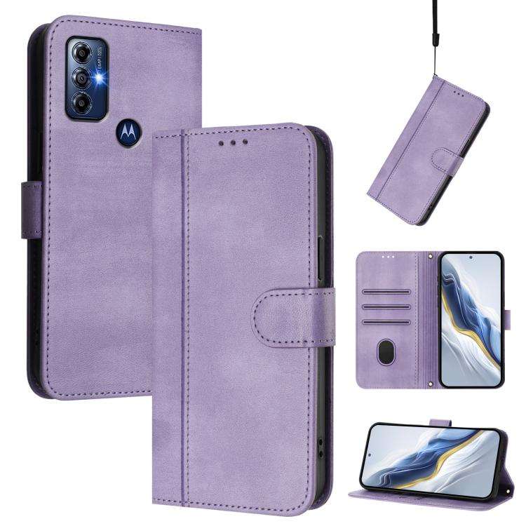 For Motorola Moto G Play 2023 / G Pure 2021 Line Splicing Buckle Retro Leather Phone Case(Purple)