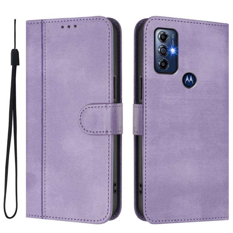 For Motorola Moto G Play 2023 / G Pure 2021 Line Splicing Buckle Retro Leather Phone Case(Purple)