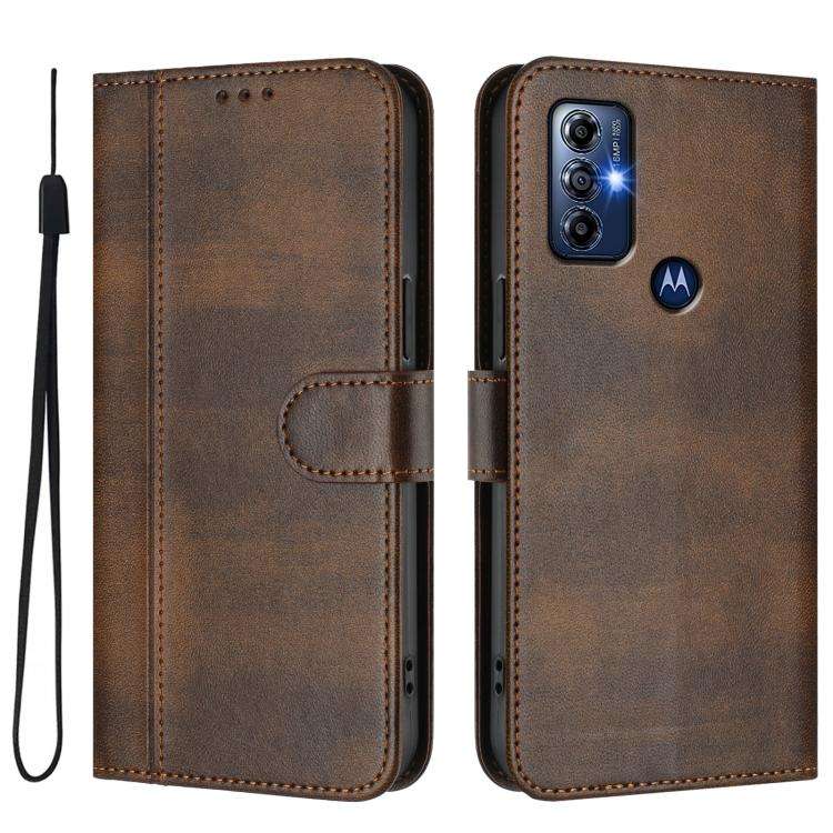 For Motorola Moto G Play 2023 / G Pure 2021 Line Splicing Buckle Retro Leather Phone Case(Brown)