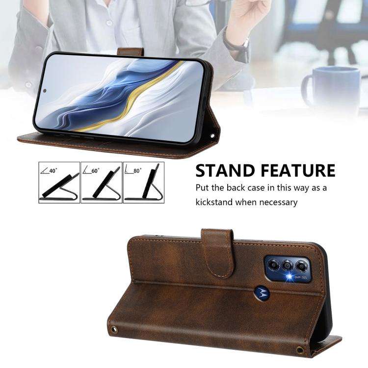 For Motorola Moto G Play 2023 / G Pure 2021 Line Splicing Buckle Retro Leather Phone Case(Brown)