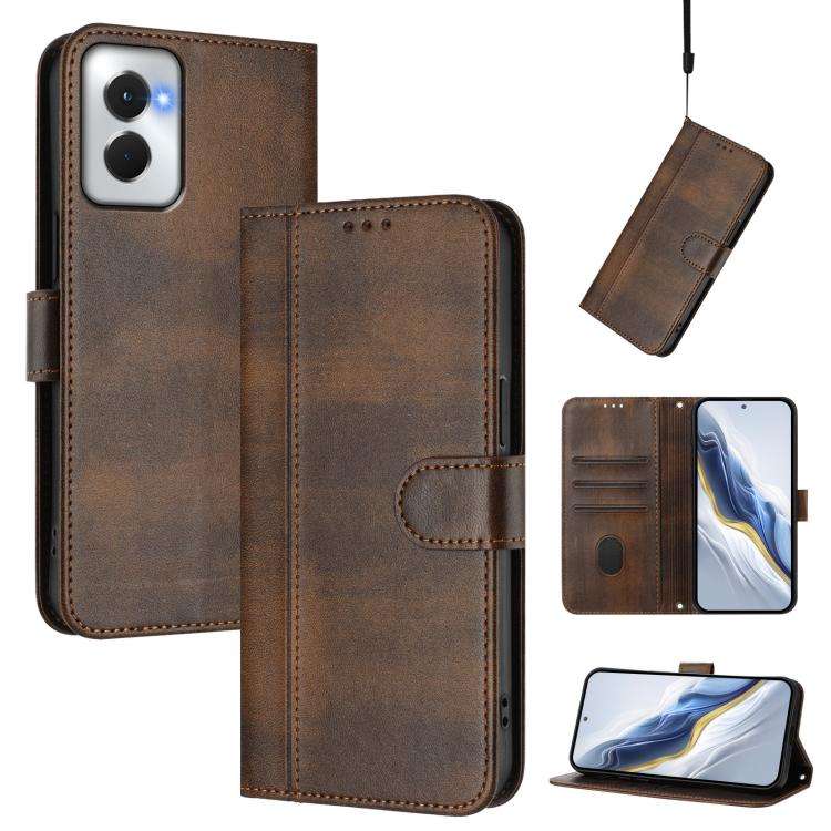 For Motorola Moto G Power 5G 2024 Line Splicing Buckle Retro Leather Phone Case(Brown)