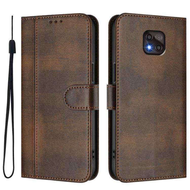 For Motorola Moto G Power 2021 Line Splicing Buckle Retro Leather Phone Case(Brown)