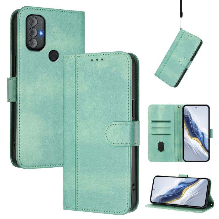 For Motorola Moto G Power 2022 Line Splicing Buckle Retro Leather Phone Case(Mint)