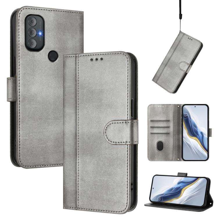 For Motorola Moto G Power 2022 Line Splicing Buckle Retro Leather Phone Case(Grey)