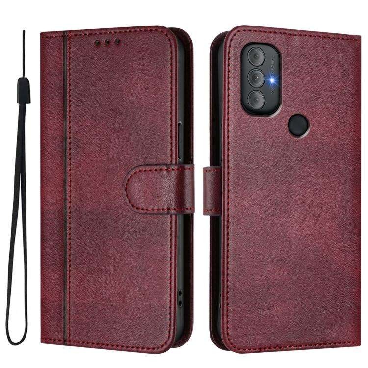 For Motorola Moto G Power 2022 Line Splicing Buckle Retro Leather Phone Case(Wine Red)