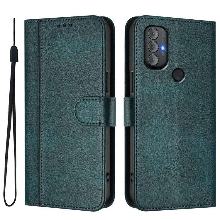 For Motorola Moto G Power 2022 Line Splicing Buckle Retro Leather Phone Case(Dark Green)