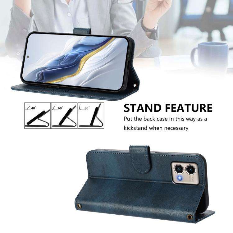 For Motorola Moto G Stylus 5G 2023 Line Splicing Buckle Retro Leather Phone Case(Dark Blue)