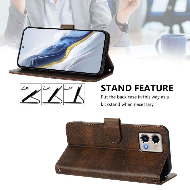 For Motorola Moto G Stylus 5G 2023 Line Splicing Buckle Retro Leather Phone Case(Brown)