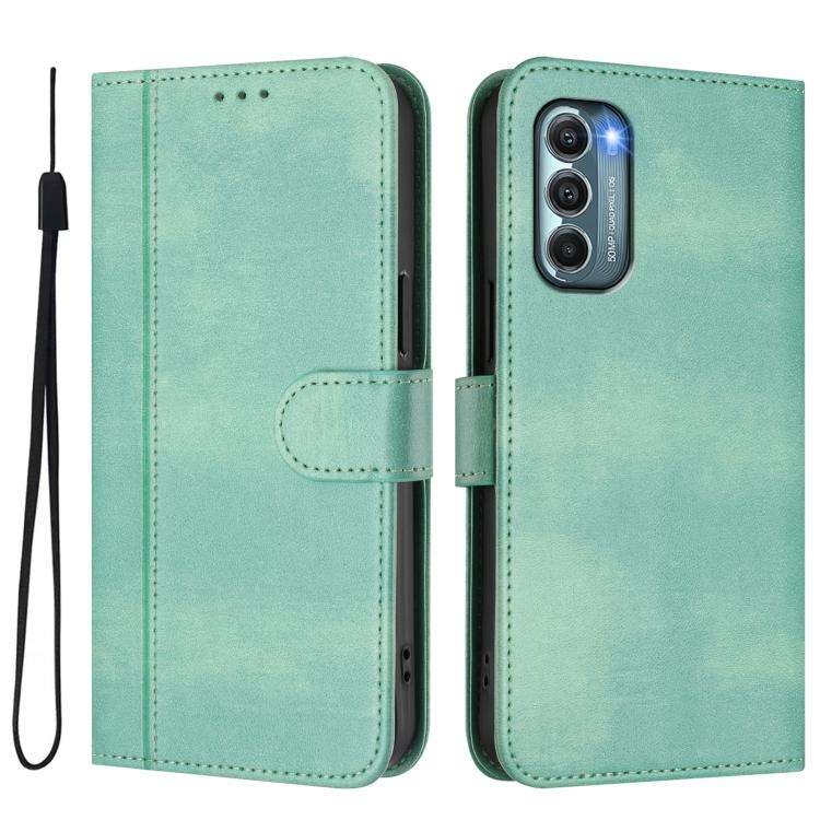 For Motorola Moto G Stylus 5G 2022 Line Splicing Buckle Retro Leather Phone Case(Mint)