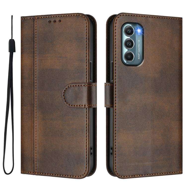 For Motorola Moto G Stylus 5G 2022 Line Splicing Buckle Retro Leather Phone Case(Brown)