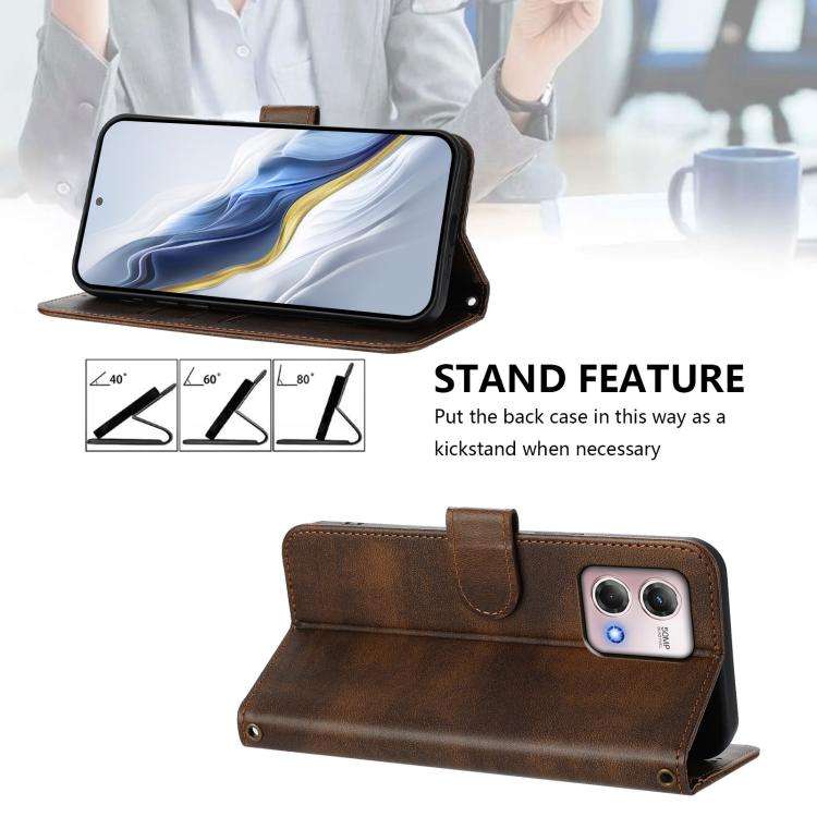 For Motorola Moto G Stylus 4G 2023 Line Splicing Buckle Retro Leather Phone Case(Brown)