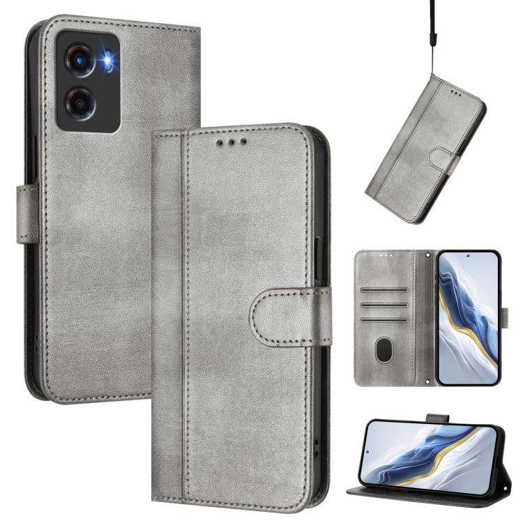 For Motorola Moto G05 / E15 Line Splicing Buckle Retro Leather Phone Case(Grey)