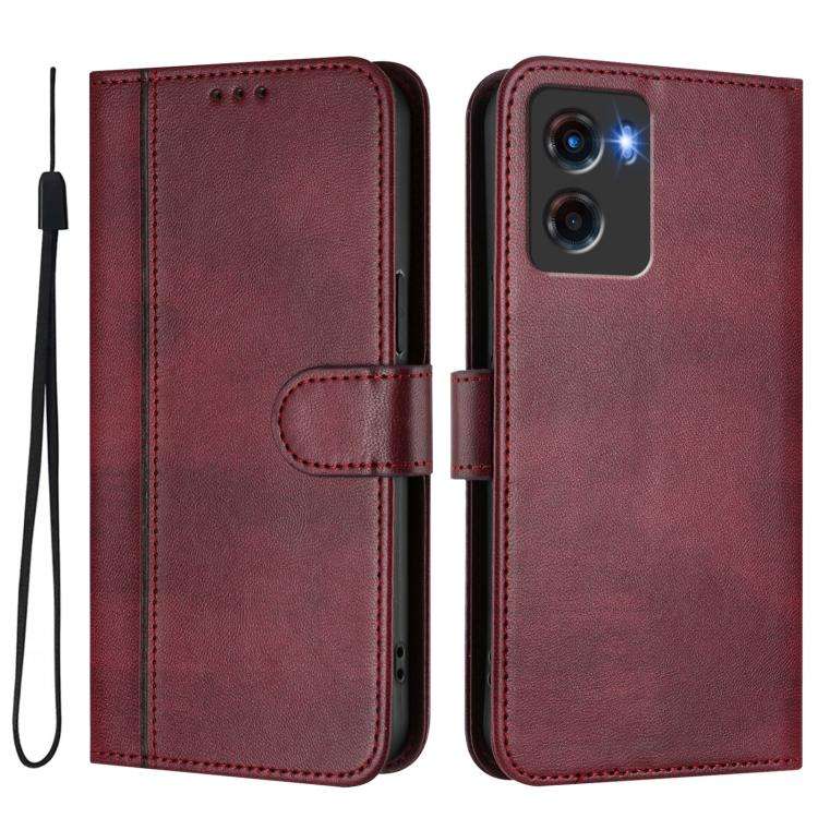 For Motorola Moto G05 / E15 Line Splicing Buckle Retro Leather Phone Case(Wine Red)