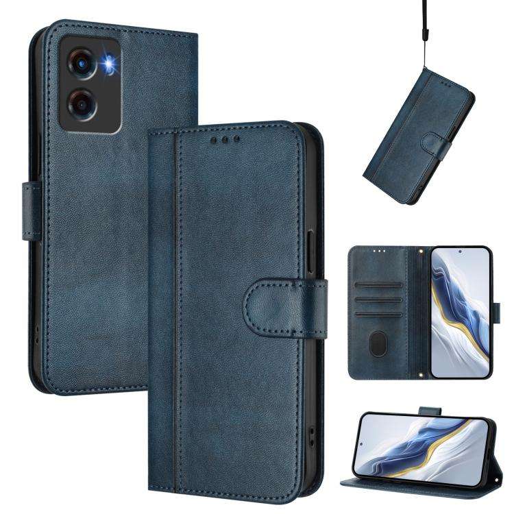 For Motorola Moto G05 / E15 Line Splicing Buckle Retro Leather Phone Case(Dark Blue)