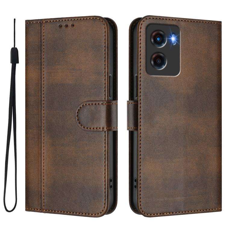For Motorola Moto G05 / E15 Line Splicing Buckle Retro Leather Phone Case(Brown)