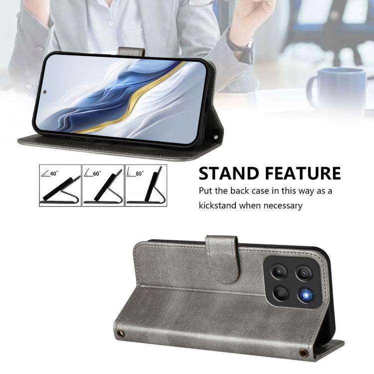 For Motorola Moto G15 / G15 Power Line Splicing Buckle Retro Leather Phone Case(Grey)