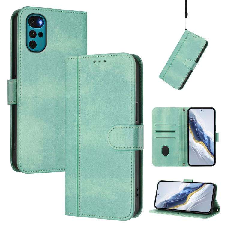 For Motorola Moto E32 India / G22 4G Line Splicing Buckle Retro Leather Phone Case(Mint)