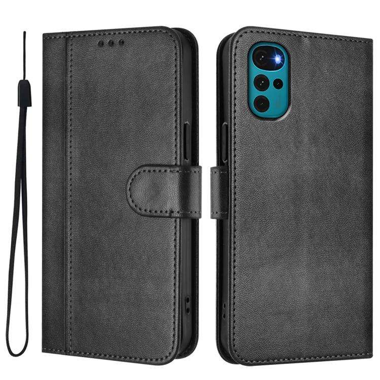 For Motorola Moto E32 India / G22 4G Line Splicing Buckle Retro Leather Phone Case(Black)