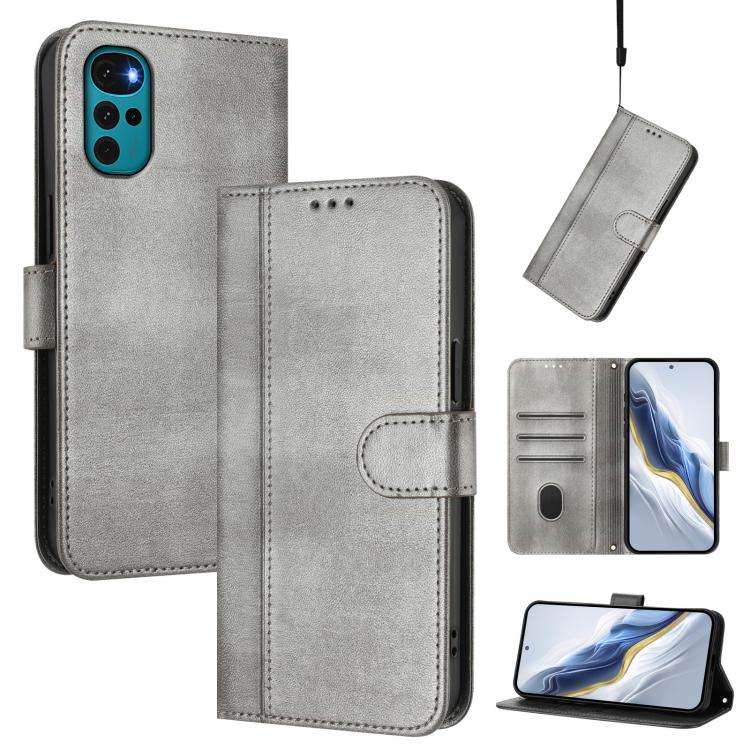 For Motorola Moto E32 India / G22 4G Line Splicing Buckle Retro Leather Phone Case(Grey)