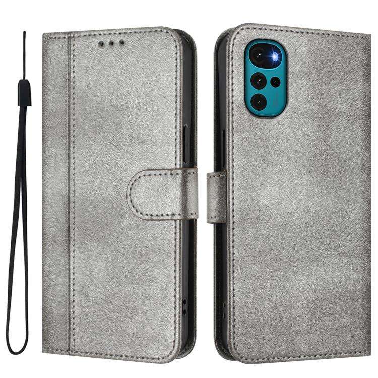 For Motorola Moto E32 India / G22 4G Line Splicing Buckle Retro Leather Phone Case(Grey)