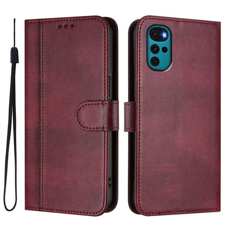 For Motorola Moto E32 India / G22 4G Line Splicing Buckle Retro Leather Phone Case(Wine Red)