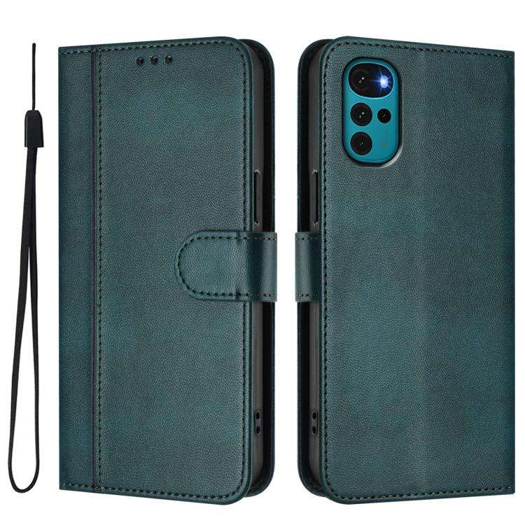 For Motorola Moto E32 India / G22 4G Line Splicing Buckle Retro Leather Phone Case(Dark Green)