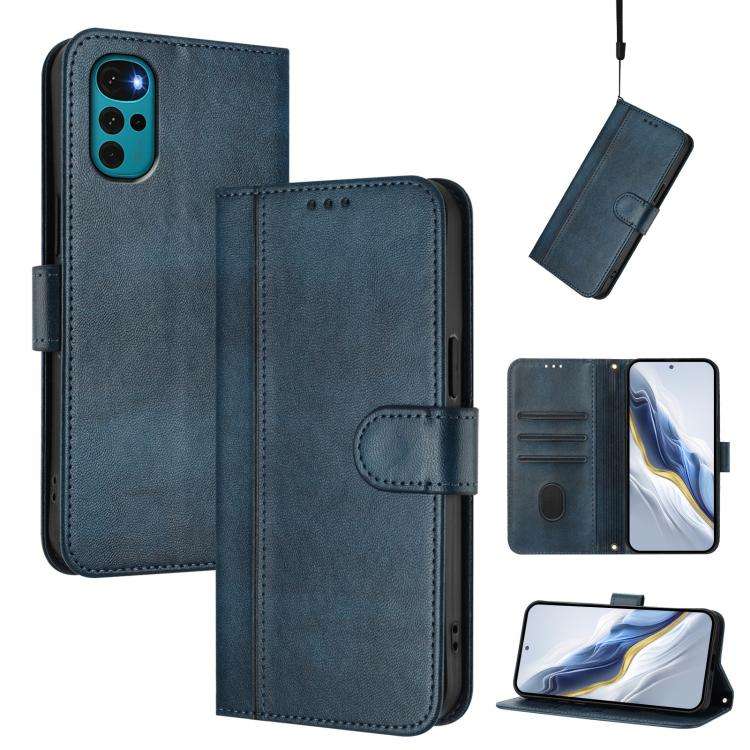 For Motorola Moto E32 India / G22 4G Line Splicing Buckle Retro Leather Phone Case(Dark Blue)