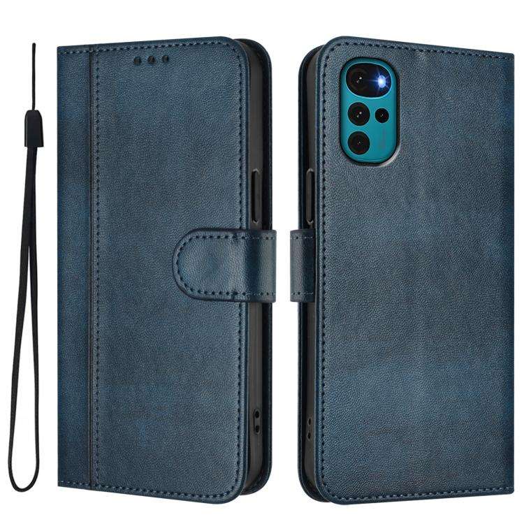 For Motorola Moto E32 India / G22 4G Line Splicing Buckle Retro Leather Phone Case(Dark Blue)