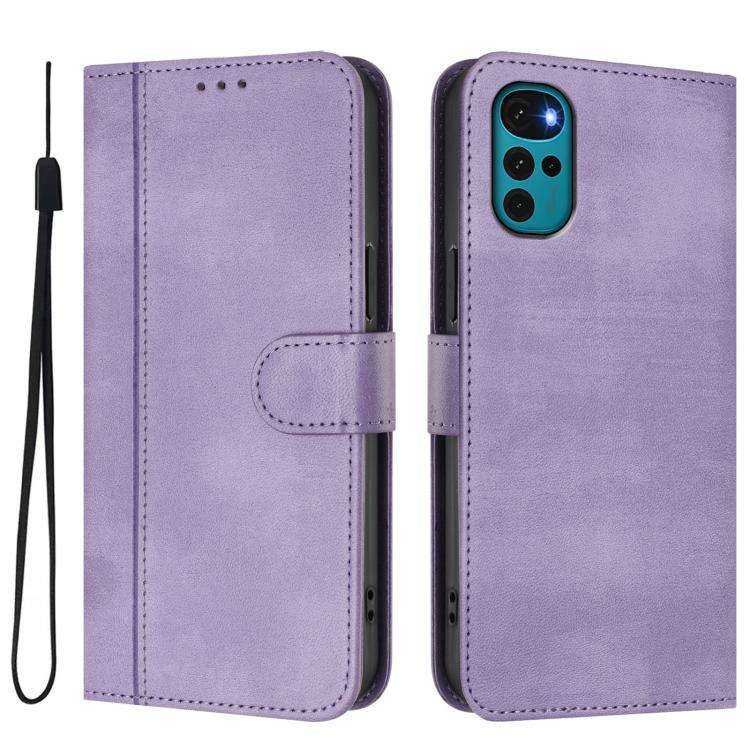 For Motorola Moto E32 India / G22 4G Line Splicing Buckle Retro Leather Phone Case(Purple)