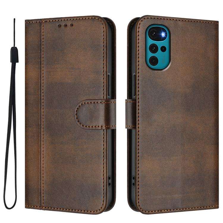 For Motorola Moto E32 India / G22 4G Line Splicing Buckle Retro Leather Phone Case(Brown)