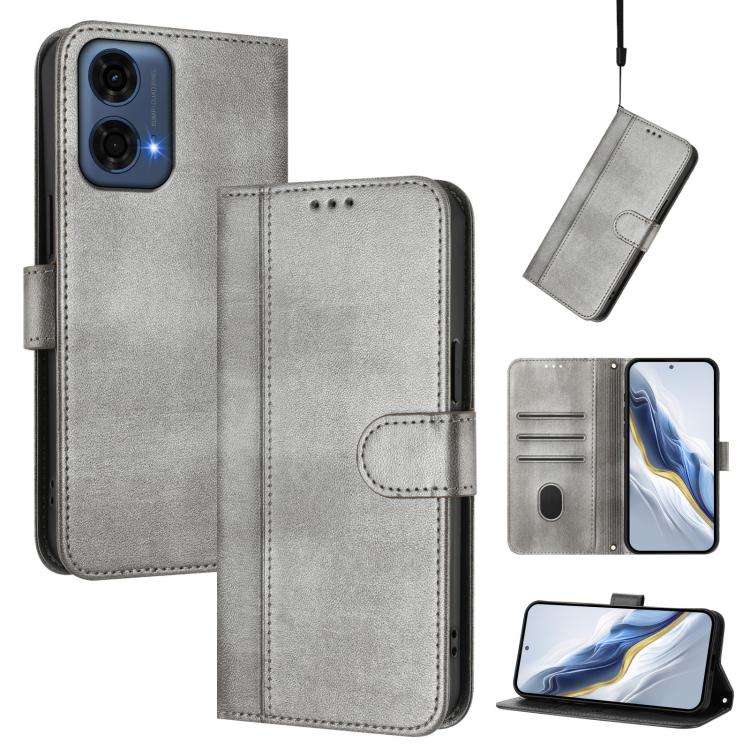 For Motorola Moto G24 Power 4G India Line Splicing Buckle Retro Leather Phone Case(Grey)