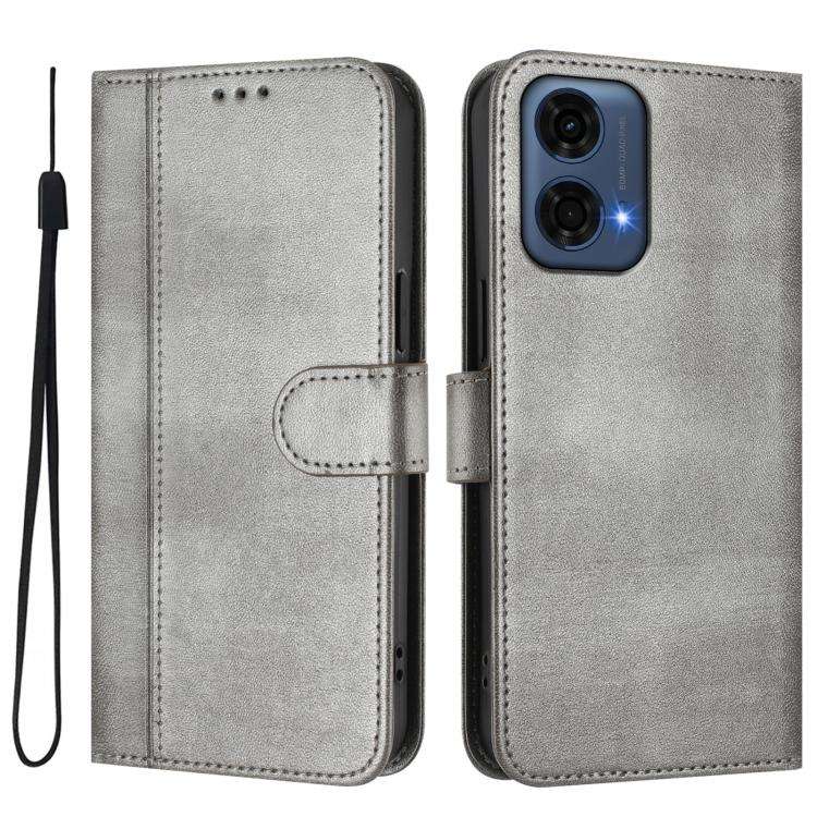 For Motorola Moto G24 Power 4G India Line Splicing Buckle Retro Leather Phone Case(Grey)
