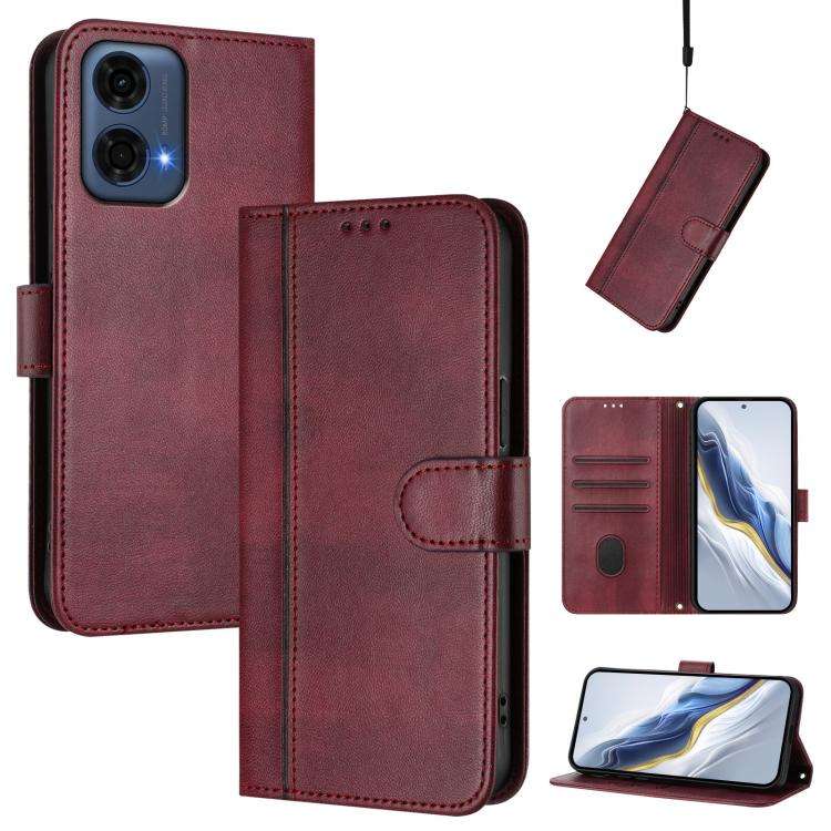 For Motorola Moto G24 Power 4G India Line Splicing Buckle Retro Leather Phone Case(Wine Red)