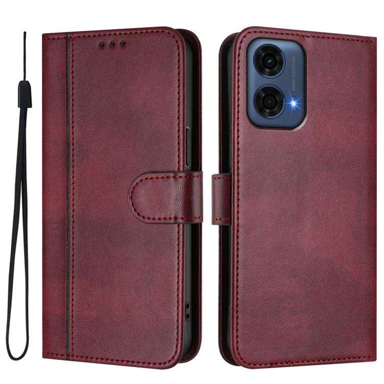 For Motorola Moto G24 Power 4G India Line Splicing Buckle Retro Leather Phone Case(Wine Red)