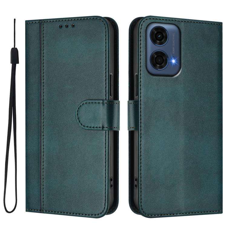 For Motorola Moto G24 Power 4G India Line Splicing Buckle Retro Leather Phone Case(Dark Green)