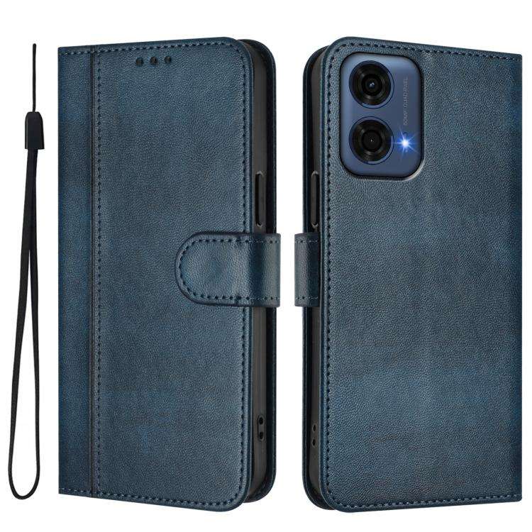 For Motorola Moto G24 Power 4G India Line Splicing Buckle Retro Leather Phone Case(Dark Blue)
