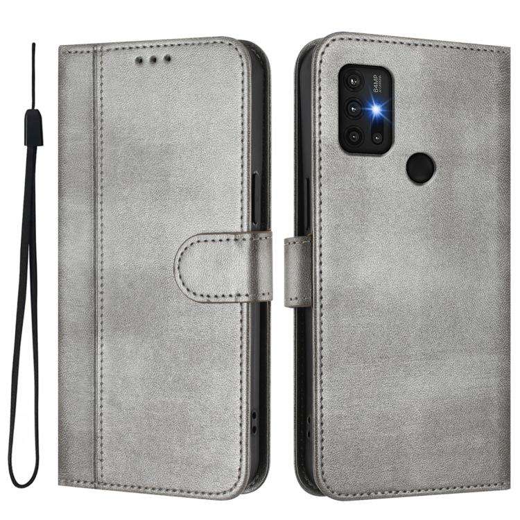 For Motorola Moto G30 / G20 / G10 Line Splicing Buckle Retro Leather Phone Case(Grey)