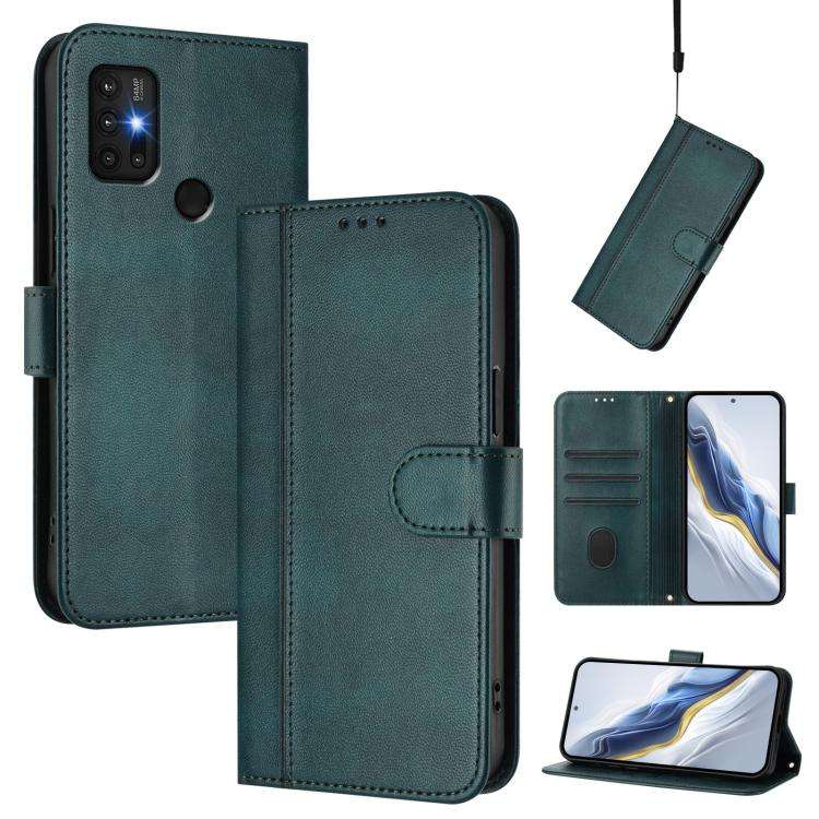 For Motorola Moto G30 / G20 / G10 Line Splicing Buckle Retro Leather Phone Case(Dark Green)