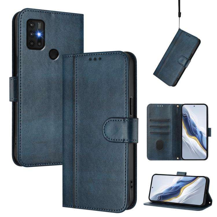 For Motorola Moto G30 / G20 / G10 Line Splicing Buckle Retro Leather Phone Case(Dark Blue)