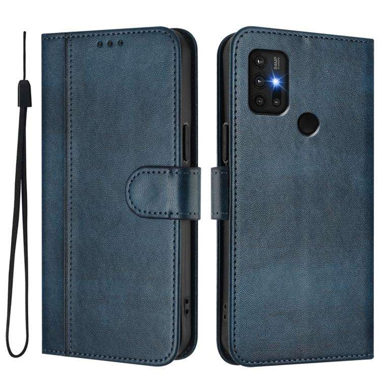 For Motorola Moto G30 / G20 / G10 Line Splicing Buckle Retro Leather Phone Case(Dark Blue)