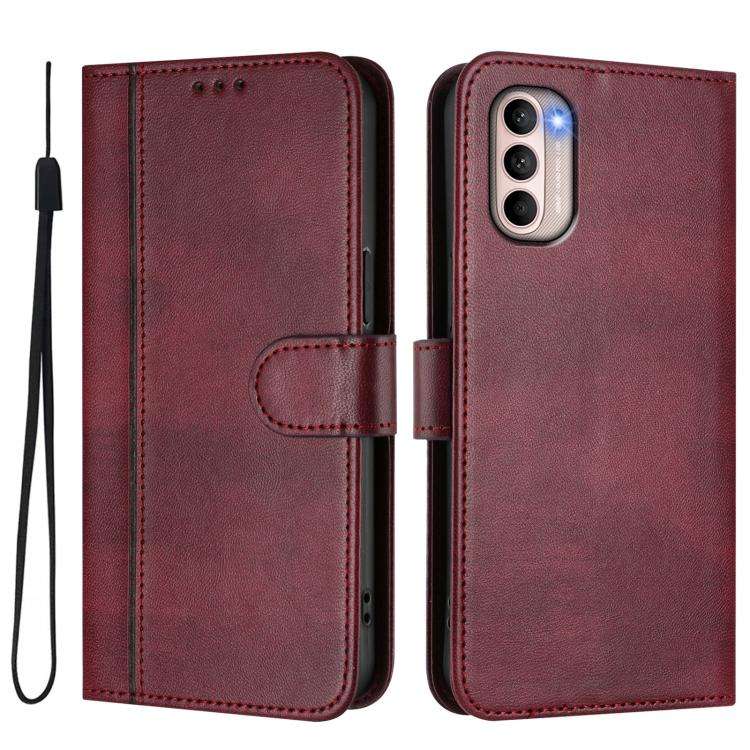 For Motorola Moto G31 4G Global / G41 4G Line Splicing Buckle Retro Leather Phone Case(Wine Red)