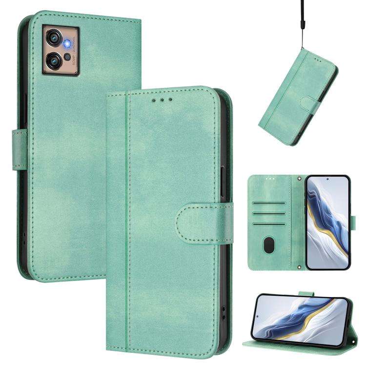 For Motorola Moto G32 Line Splicing Buckle Retro Leather Phone Case(Mint)